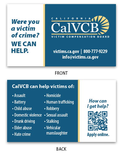 Front and Back image of First Responder CalVCB Informational Cards.
