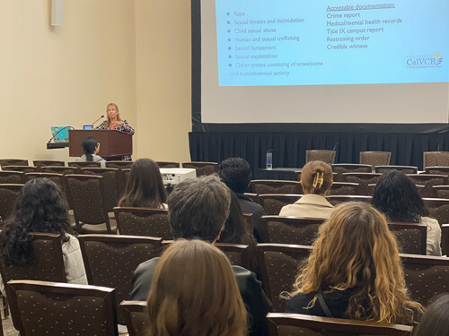 CalVCB Outreach Specialist speaking at the UC Davis Mental Health Conference.