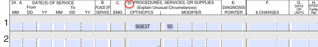 Screenshot of CPT Codes and modifiers are indicated in box 24D “Procedures, Services, or Supplies.”